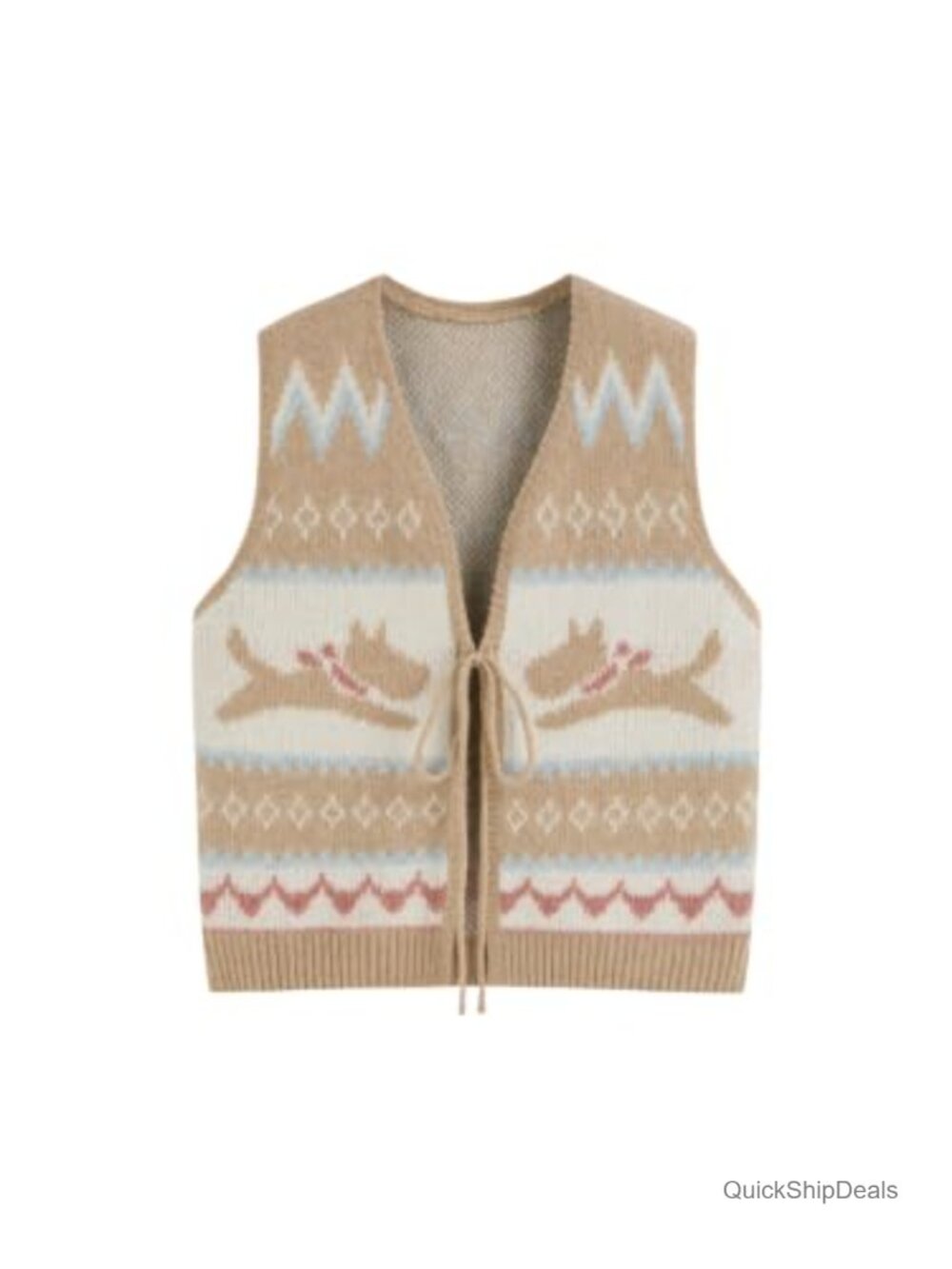Tie Front V-Neck Sleeveless Sweater Vest Knit Geometric